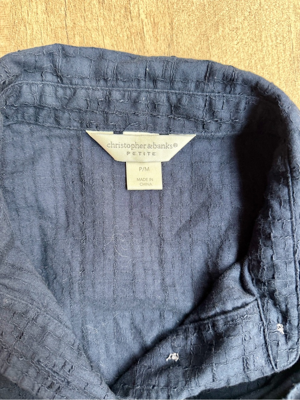 Christopher & Banks Petite Navy Blue Textured Seersucker Button Down Shirt - Picture 3 of 3